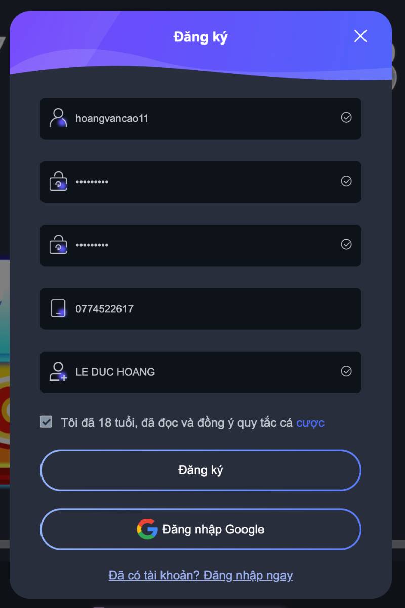 Điền thông tin đăng ký