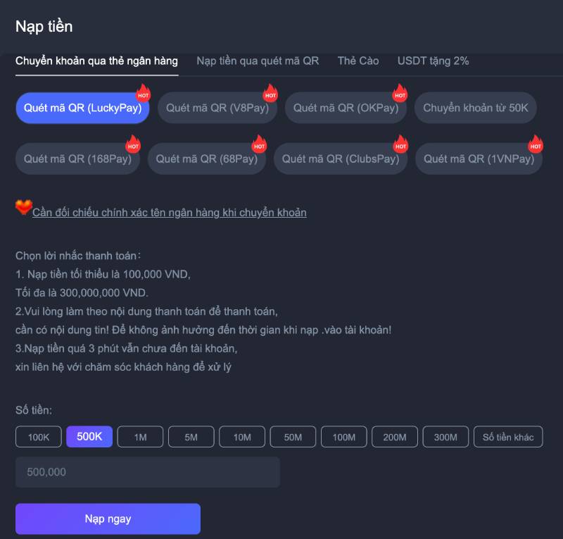 Nạp tiền qua chuyển khoản ngân hàng